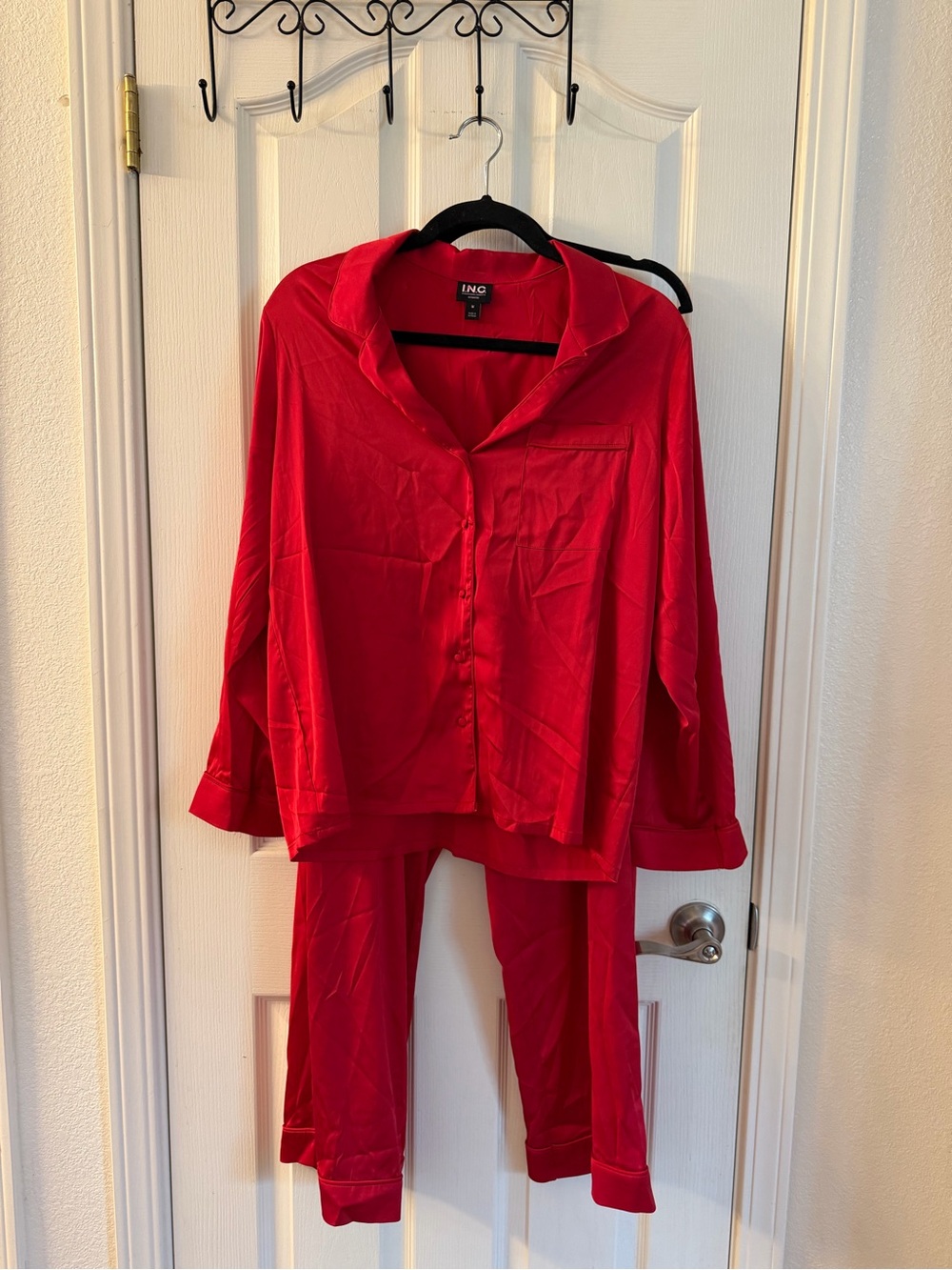 INC International Concepts Red Satin Button-Up Pajama Set